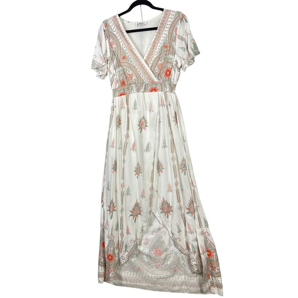 Lapogee Women White Paisley Floral Print Maxi Wrap Dress Size L Rayon Boho - Picture 2 of 11